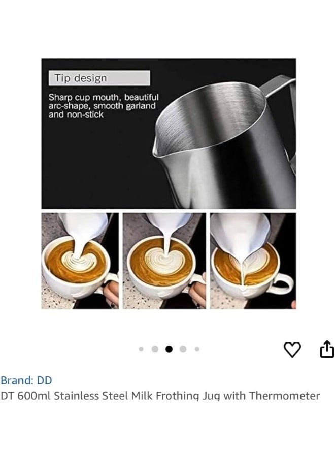 600ml Stainless Steel Milk Frothing Pitcher with Built-in Thermometer – Latte Art Steaming Jug for Cappuccino and Coffee  - Image 2