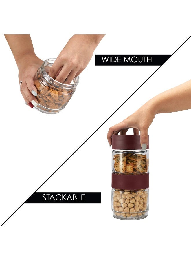 Cello Modustack Glassy Storage Jar, Stackable, Clear, Set of 2, 750ml Each, Maroon, Medium - Image 4