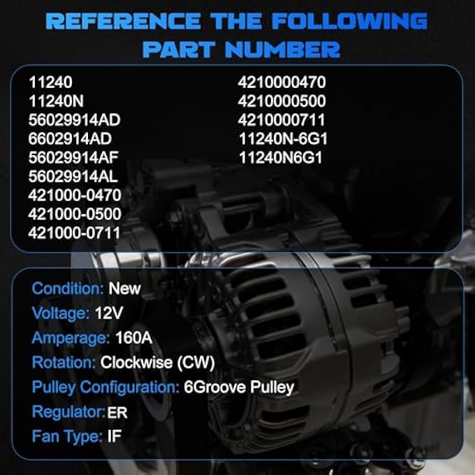 YOMALL Alternator 11240 for 2007 Aspen/Durango 4.7L V8, for 2007-2010 Nitro/Liberty 3.7L V6, for 2007 Commander & Grand Cherokee for 2011-2013 Ram 1500 3.7L V6 / 4.7L V8 160A 6PK 11240N - Image 3