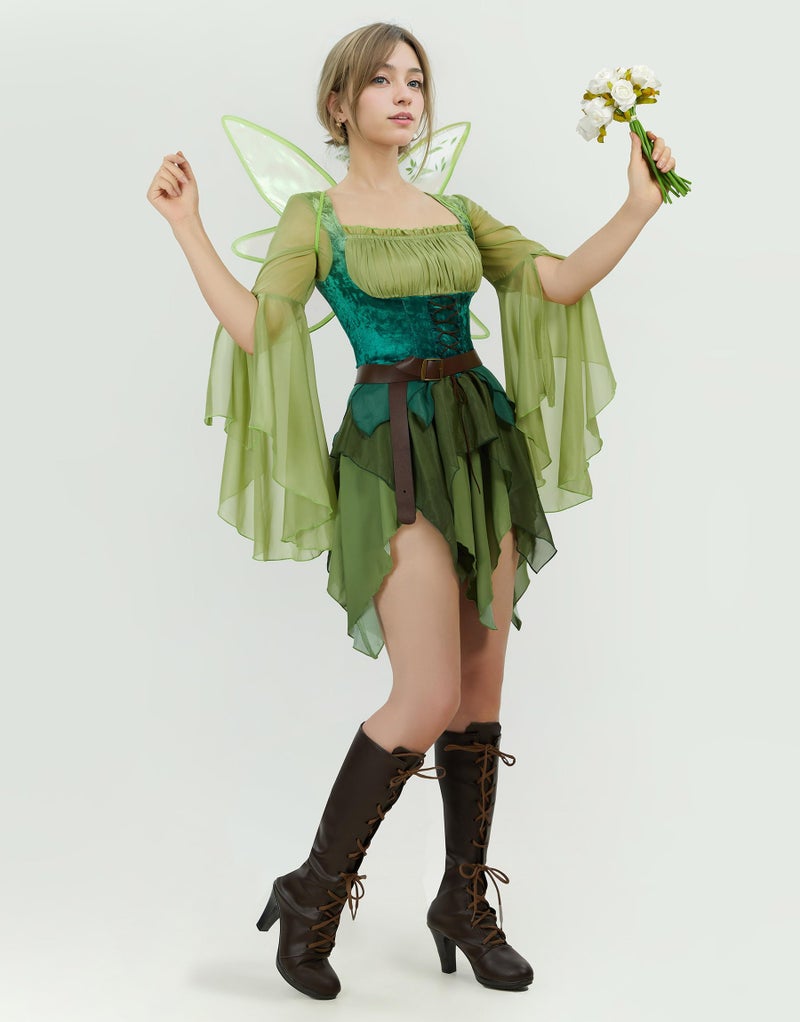 miccostumes Women's Elf Medieval Dress Magical Lady Cosplay Costume Fairy Viking Dress Halloween Party (Green, XXL) - Image 2