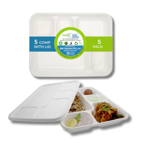 EATONS 5-Compartment, 5 Pack Bagasse Meal Tray with lid [11.4"x8.8"] Disposable Plates with lid | Compostable Sugarcane Paper Plates with Cover | Thali, Party, Take Away | Rectangular | White - Image 1