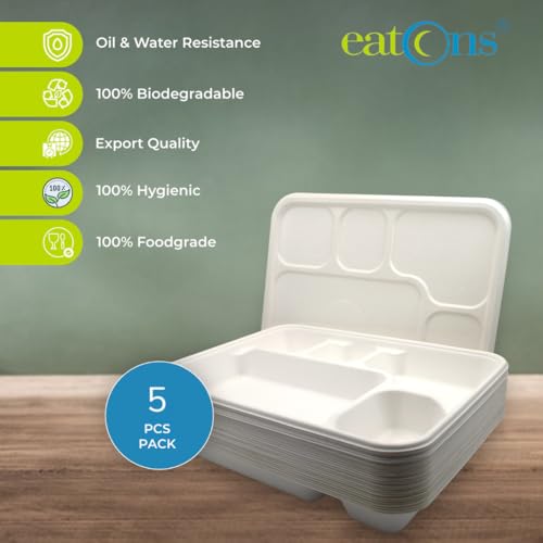 EATONS 5-Compartment, 5 Pack Bagasse Meal Tray with lid [11.4"x8.8"] Disposable Plates with lid | Compostable Sugarcane Paper Plates with Cover | Thali, Party, Take Away | Rectangular | White - Image 4
