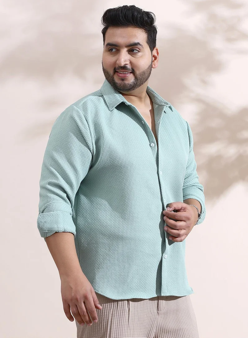 Instafab Plus Instafab Plus Men's Mint Green Interweave-Tactile Shirt For Casual Wear | Spread Collar | Long Cuffed Sleeves | Button Closure | Plus Size Shirt Crafted With Comfort Fit For Everyday Wear