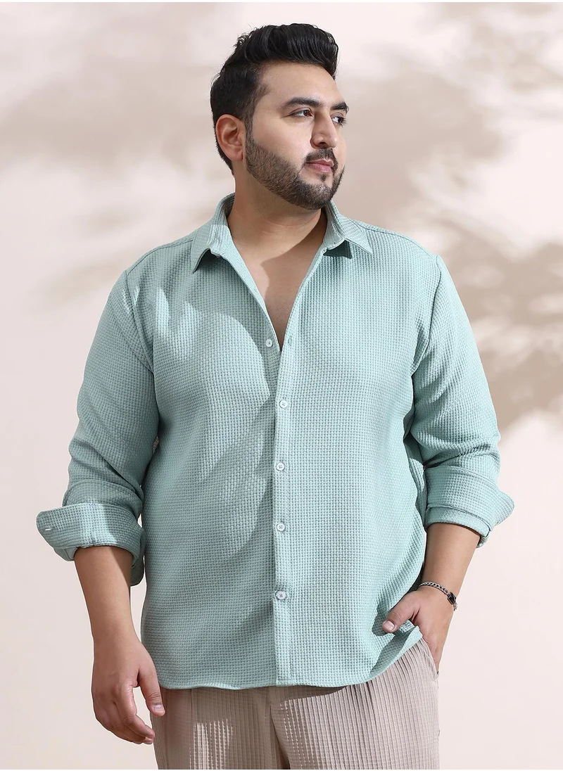 انستافاب بلس Instafab Plus Men's Mint Green Interweave-Tactile Shirt For Casual Wear | Spread Collar | Long Cuffed Sleeves | Button Closure | Plus Size Shirt Crafted With Comfort Fit For Everyday Wear
