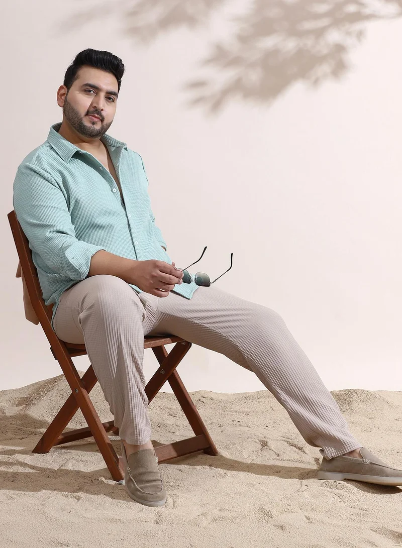 Instafab Plus Instafab Plus Men's Mint Green Interweave-Tactile Shirt For Casual Wear | Spread Collar | Long Cuffed Sleeves | Button Closure | Plus Size Shirt Crafted With Comfort Fit For Everyday Wear