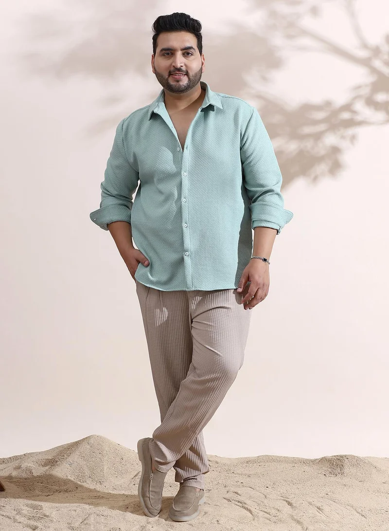 Instafab Plus Instafab Plus Men's Mint Green Interweave-Tactile Shirt For Casual Wear | Spread Collar | Long Cuffed Sleeves | Button Closure | Plus Size Shirt Crafted With Comfort Fit For Everyday Wear