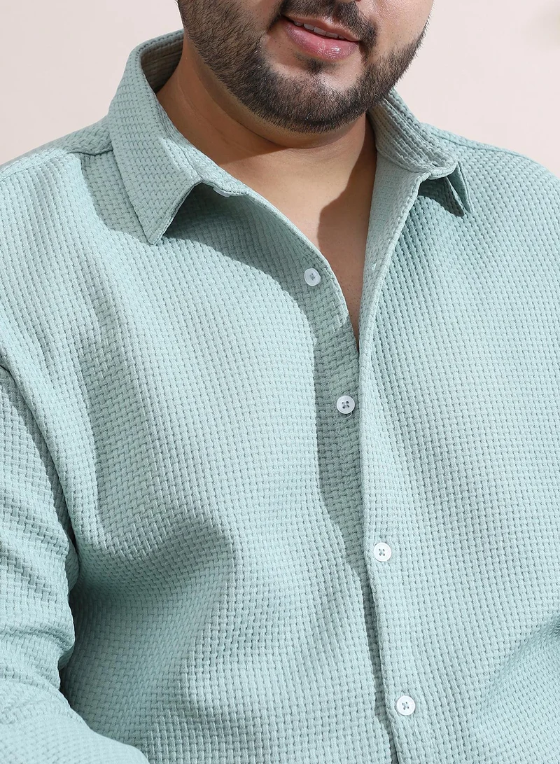 Instafab Plus Instafab Plus Men's Mint Green Interweave-Tactile Shirt For Casual Wear | Spread Collar | Long Cuffed Sleeves | Button Closure | Plus Size Shirt Crafted With Comfort Fit For Everyday Wear