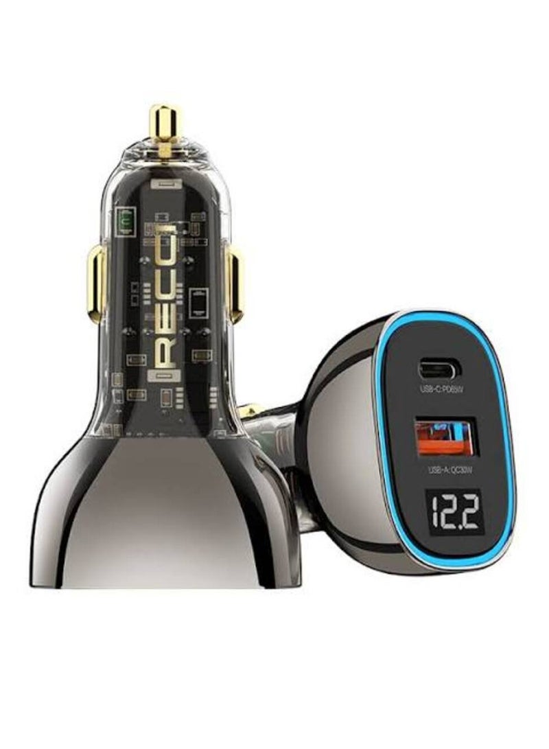Recci Smart fast car charger with a total power of 95W, featuring two Type-C and USB ports, a modern transparent design, and a digital display. - Image 1
