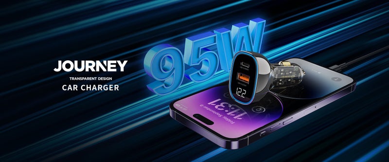 Recci Smart fast car charger with a total power of 95W, featuring two Type-C and USB ports, a modern transparent design, and a digital display. - Image 4