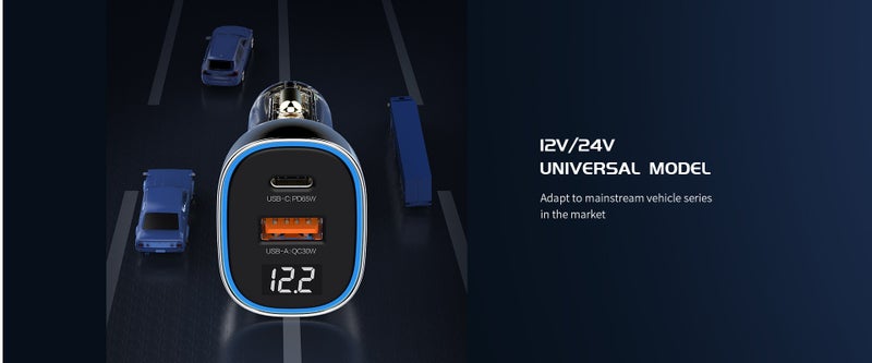 Recci Smart fast car charger with a total power of 95W, featuring two Type-C and USB ports, a modern transparent design, and a digital display. - Image 5