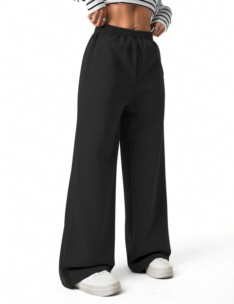 FACDIBY Fleece Lined Sweatpants for Women Wide Leg High Waisted Sweat Pants Baggy Drawstring Sherpa Straight Leg Lounge Pants Black M - Image 3