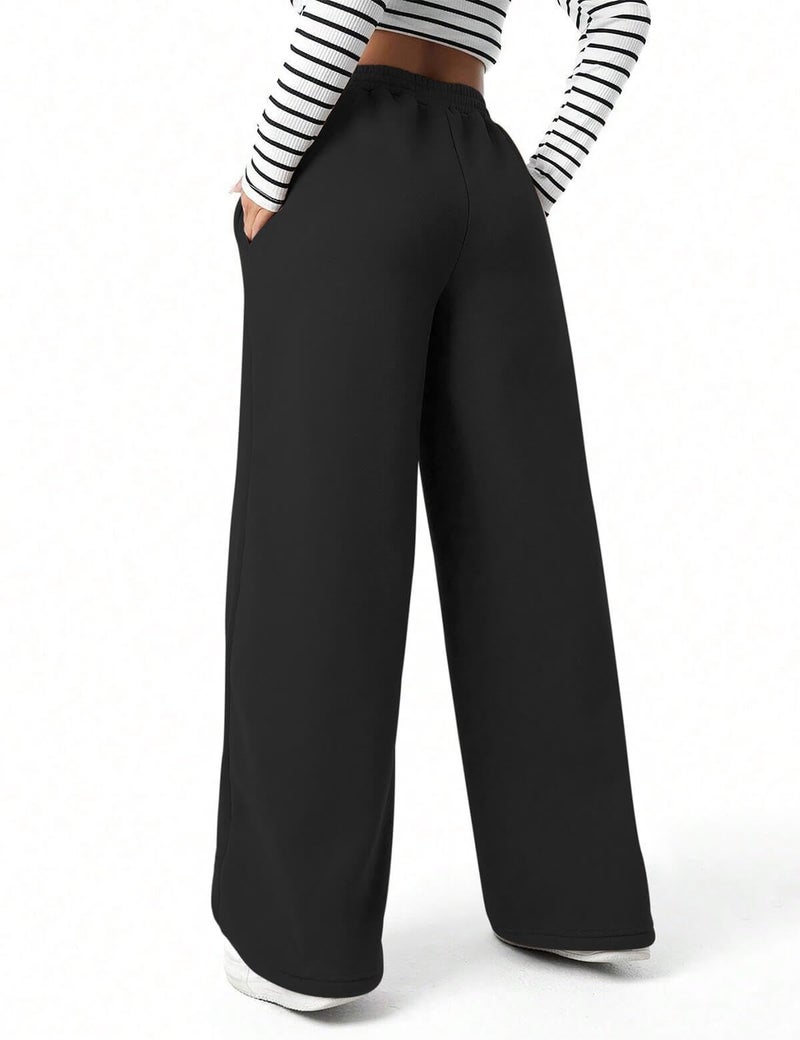 FACDIBY Fleece Lined Sweatpants for Women Wide Leg High Waisted Sweat Pants Baggy Drawstring Sherpa Straight Leg Lounge Pants Black M - Image 2