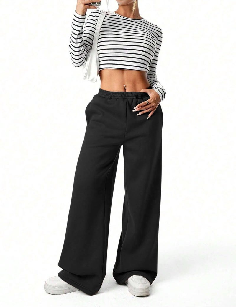 FACDIBY Fleece Lined Sweatpants for Women Wide Leg High Waisted Sweat Pants Baggy Drawstring Sherpa Straight Leg Lounge Pants Black M - Image 5