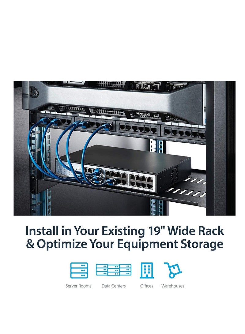 DKURVE® 1U Cantilever Tray Vented Rack Mount Shelf 10" 250mm Deep Black for Wall Mount Cabinets - Image 2