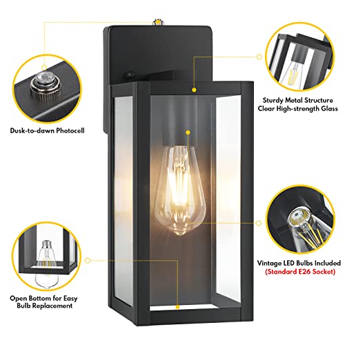 BesLowe 2-Pack Dusk to Dawn Outdoor Wall Lanterns with 2 LED Bulbs, Matte Black Waterproof Exterior Sconces with Clear Glass, Anti-Rust Outdoor Light Fixtures Outside Lights for House, Porch, Garage, Doorway - Image 4