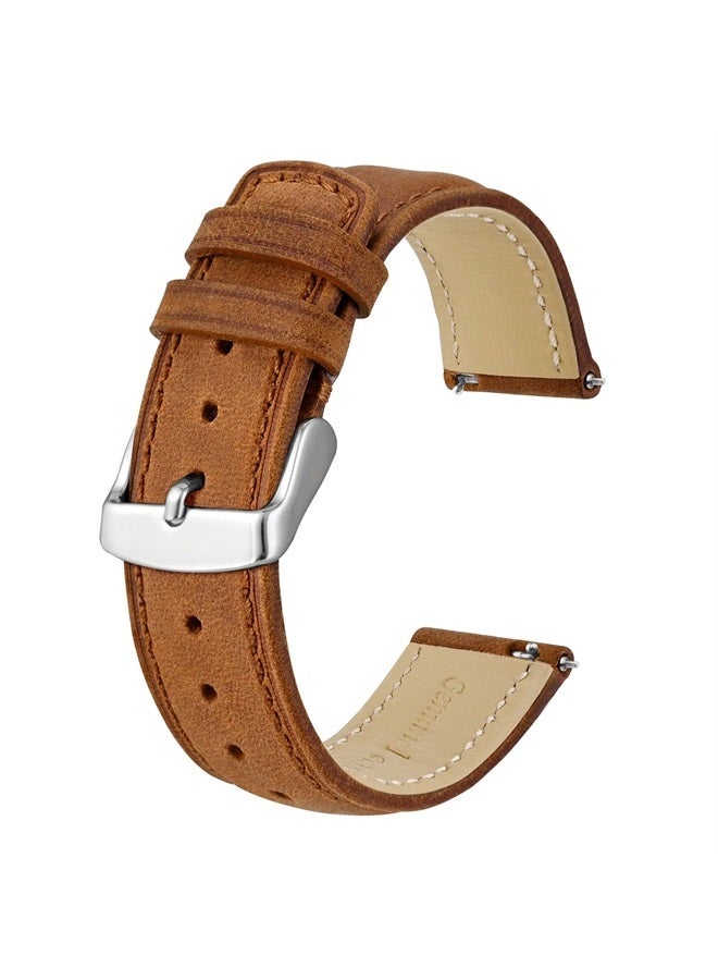 18mm Watch Strap with Quick Release, Retro Leather Replacement Bands (Light Brown with Matching Stitching)