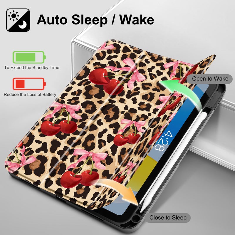 May Chen for iPad (A16) 11th Generation Case 11 Inch 2025, iPad 10th Gen Case 2022 10.9 inch, Trifold Stand with Auto Wake/Sleep Soft TPU Protective Stand Back Cover, Cherry & Cheetah - Image 3