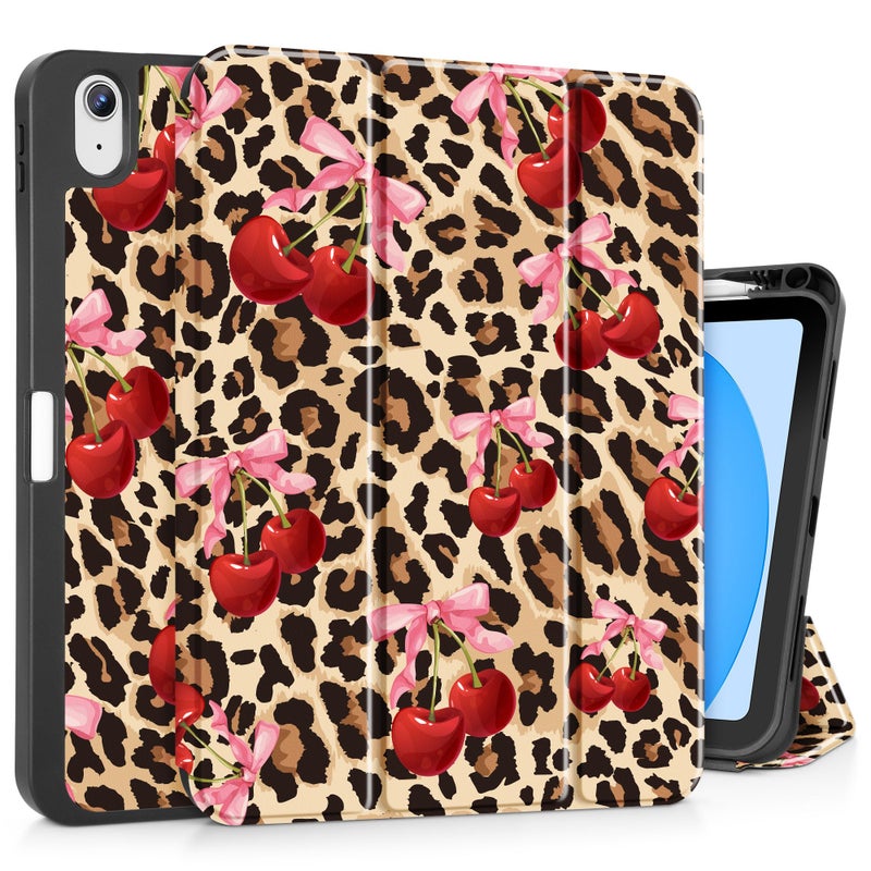 May Chen for iPad (A16) 11th Generation Case 11 Inch 2025, iPad 10th Gen Case 2022 10.9 inch, Trifold Stand with Auto Wake/Sleep Soft TPU Protective Stand Back Cover, Cherry & Cheetah - Image 1