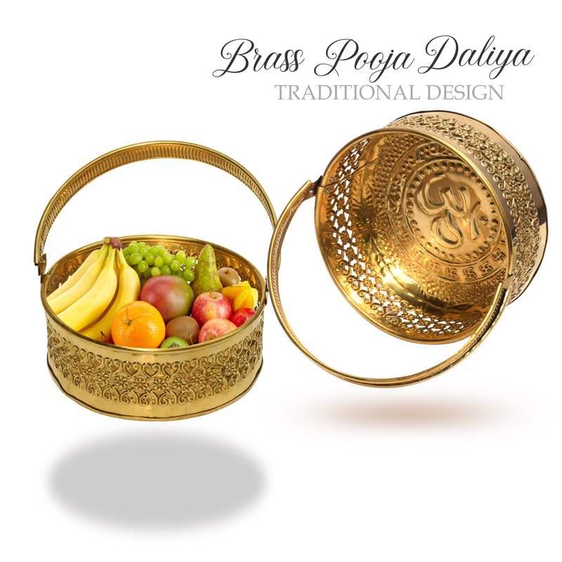 Pure Source India Brass Traditional Pooja Basket/Pooja Daliya for Flower, Pooja Item (Gold) (Round SML) - Image 5
