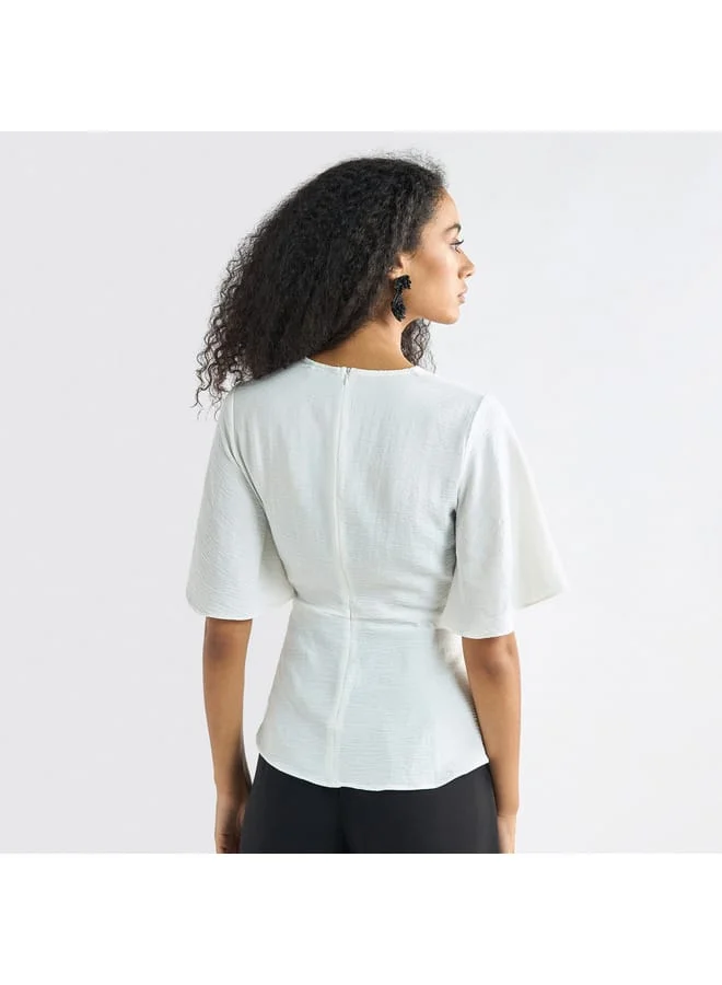 Splash FAV Solid V-neck Top with Flutter Sleeves and Knot Detail