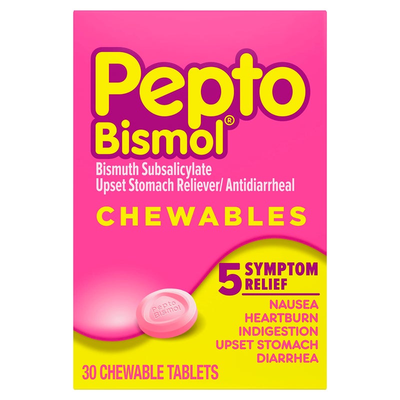 Pepto Bismol Chewable Tablets, Upset Stomach Relief, Nausea Relief, Heartburn Relief, Indigestion Relief, Anti Diarrhea Medication for Adults - 5 Symptom Relief, 30 ct - Image 1