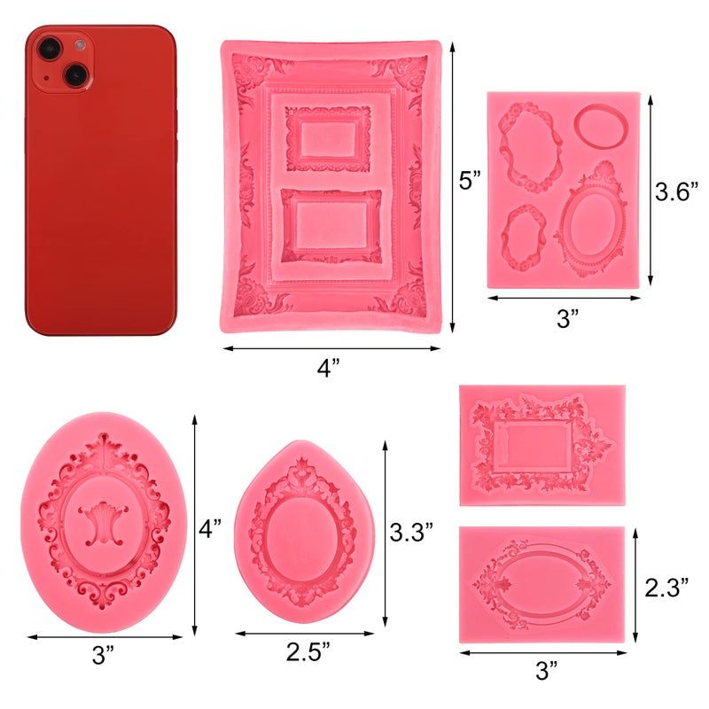 Elsjoy 6 Pieces Picture Frame Silicone Fondant Molds  Pink Cake Mold Vintage Photo Frame Fondant Mold for Cake Decorating  Sugar  Chocolate  Butter  Baroque Style - Image 2