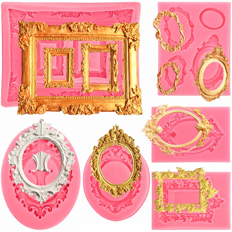 Elsjoy 6 Pieces Picture Frame Silicone Fondant Molds  Pink Cake Mold Vintage Photo Frame Fondant Mold for Cake Decorating  Sugar  Chocolate  Butter  Baroque Style - Image 1