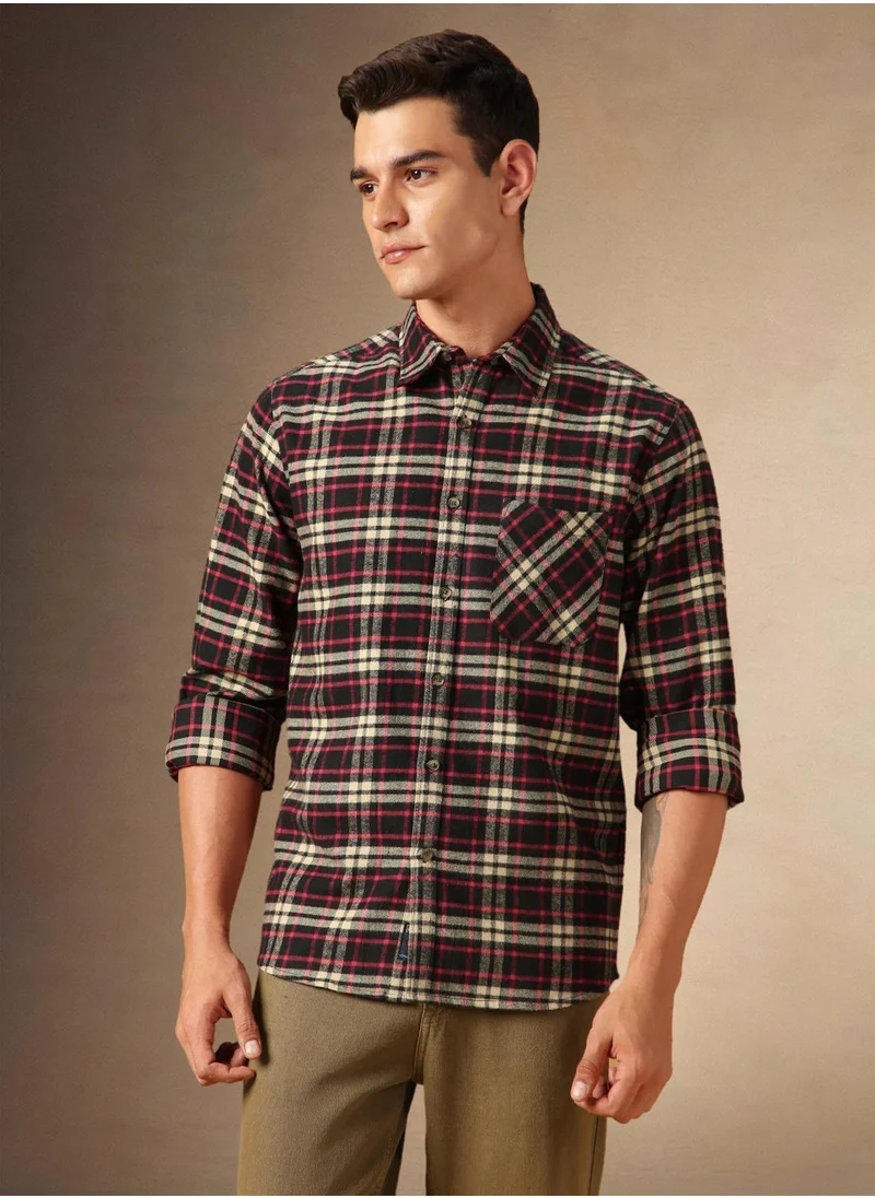 دينيس لينغو Men's Black 100% Cotton Checkered Shirt