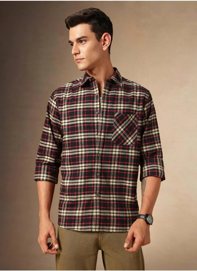 دينيس لينغو Men's Black 100% Cotton Checkered Shirt