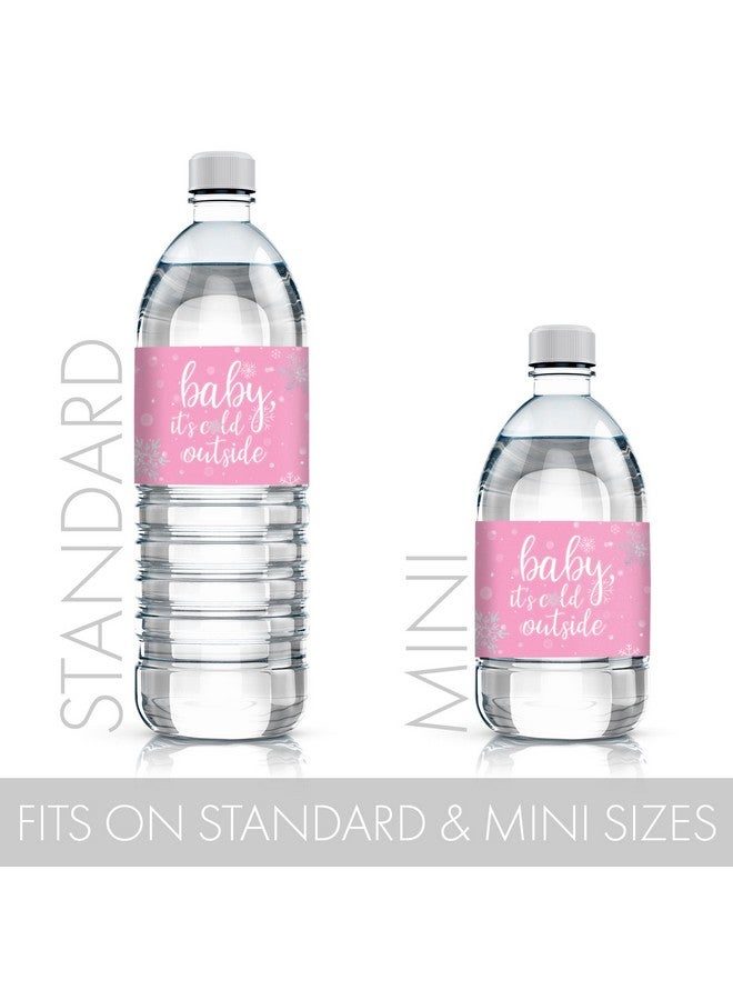 دسكتيكتفز ملصقات زجاجات مياه لحفل استقبال المولود الجديد في فصل الشتاء بتصميم رقاقات ثلج صغيرة وردية اللون، "الجو بارد في الخارج يا صغيري" - ٢٤ ملصقًا - Image 2