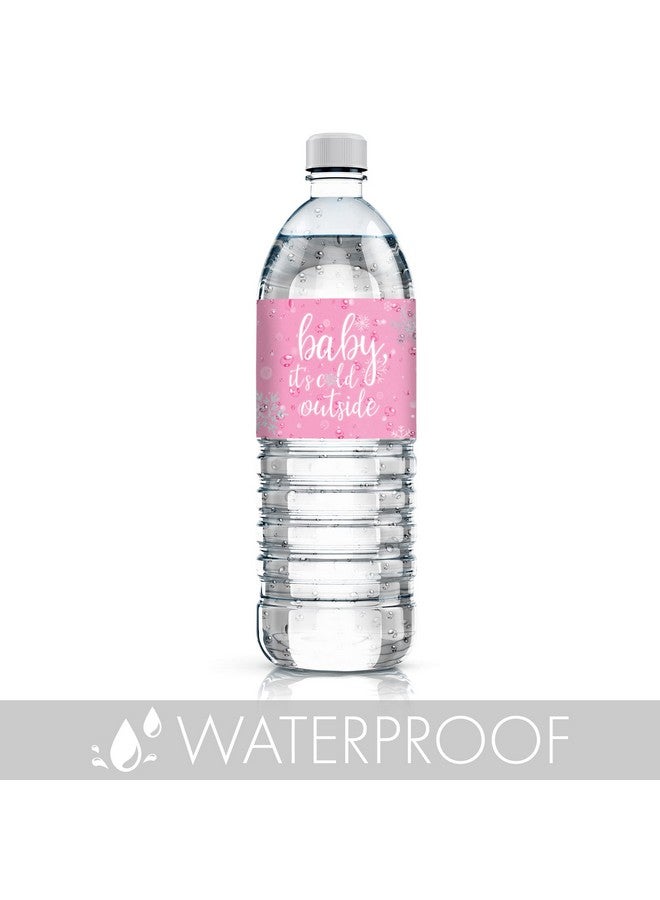 دسكتيكتفز ملصقات زجاجات مياه لحفل استقبال المولود الجديد في فصل الشتاء بتصميم رقاقات ثلج صغيرة وردية اللون، "الجو بارد في الخارج يا صغيري" - ٢٤ ملصقًا - Image 4