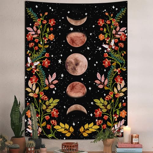 Lifeel Moon Phase Tapestry, Vintage Floral Wall Tapestry with Stars, Aesthetic Celestial Dark Botanical Wall Art for Bedroom Living Room Dorm Decor,36x48 inches - Image 1
