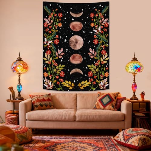 Lifeel Moon Phase Tapestry, Vintage Floral Wall Tapestry with Stars, Aesthetic Celestial Dark Botanical Wall Art for Bedroom Living Room Dorm Decor,36x48 inches - Image 4