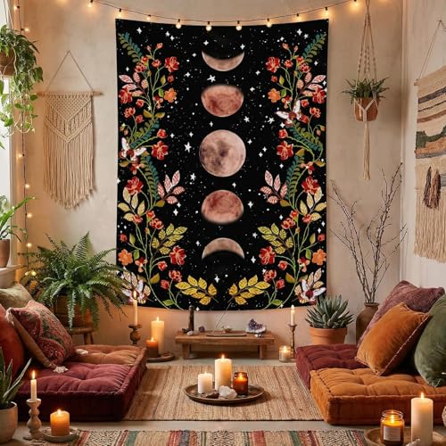 Lifeel Moon Phase Tapestry, Vintage Floral Wall Tapestry with Stars, Aesthetic Celestial Dark Botanical Wall Art for Bedroom Living Room Dorm Decor,36x48 inches - Image 3