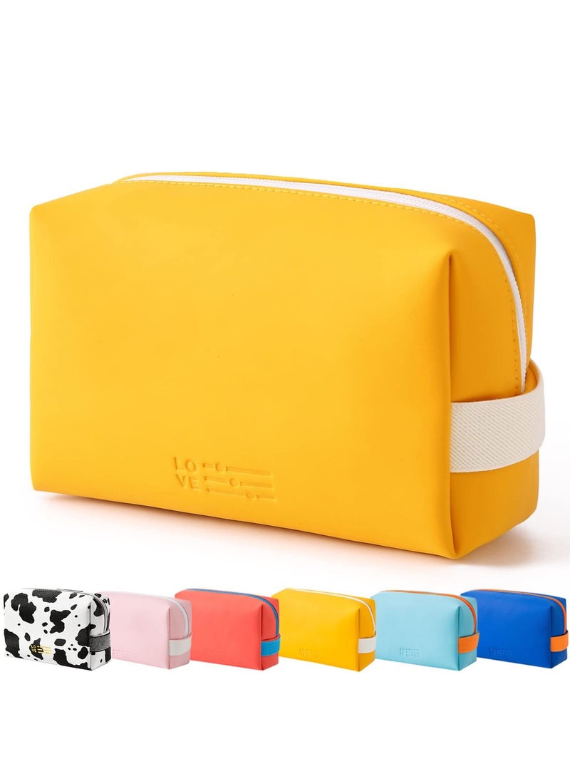 KASTWAVE Cosmetic Bag Makeup Bag for Purse Pouch Travel Beauty Zipper Organizer Bag Gifts for Girl Women, PU Leather Washable Waterproof Make Up Organizer for Brushes Beauty Eyeshadow Palette Lipstick (Yellow)  - Image 1
