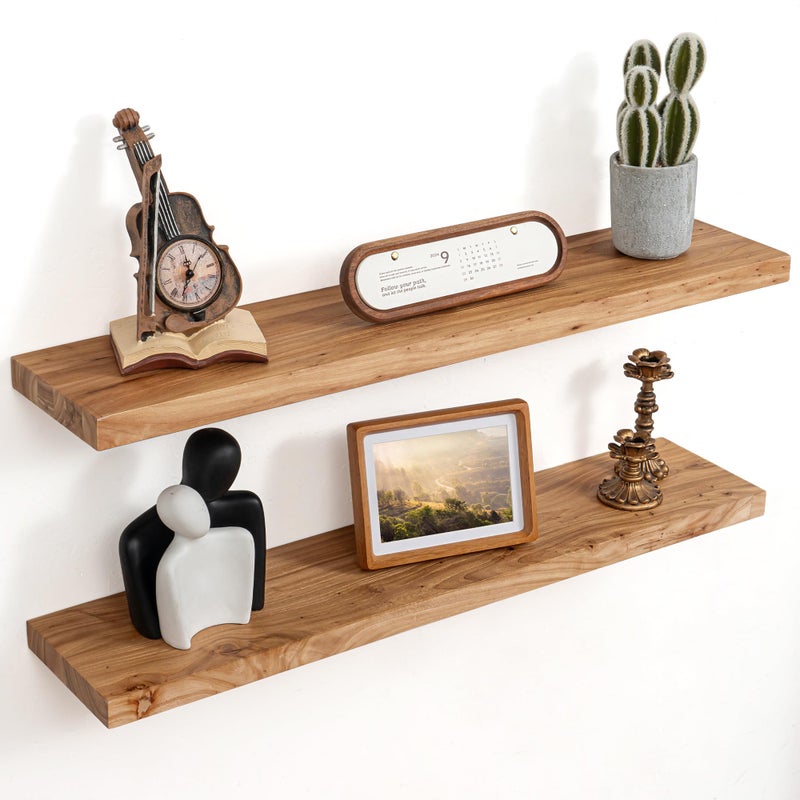 FLYJOE Floating Shelves for Wall Decor, 8" Deep Rustic Solid Elm Wood Floating Shelves Wall Mounted, Wall Shelves with Invisible Bracket for Living Room Bathroom Bedroom Kitchen, 36 Inch Set of 2, Natural - Image 1