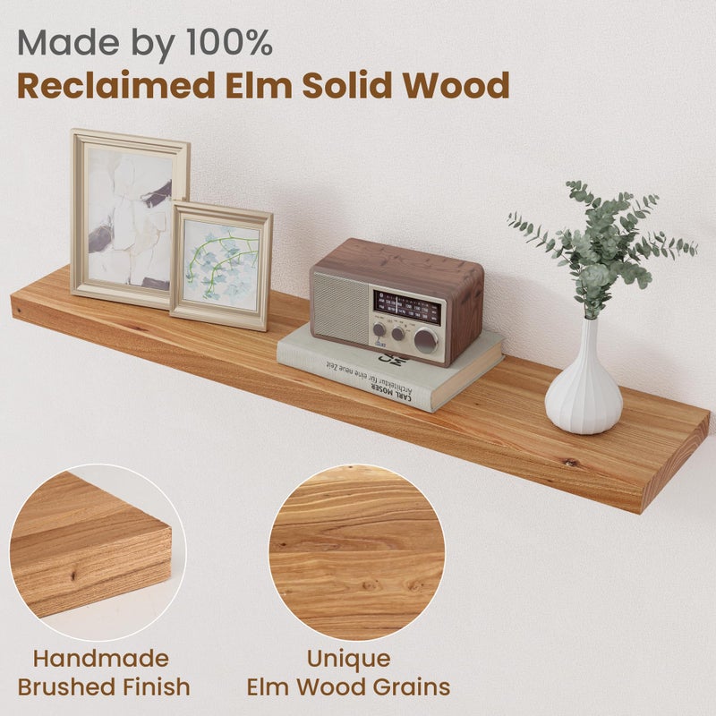 FLYJOE Floating Shelves for Wall Decor, 8" Deep Rustic Solid Elm Wood Floating Shelves Wall Mounted, Wall Shelves with Invisible Bracket for Living Room Bathroom Bedroom Kitchen, 36 Inch Set of 2, Natural - Image 3