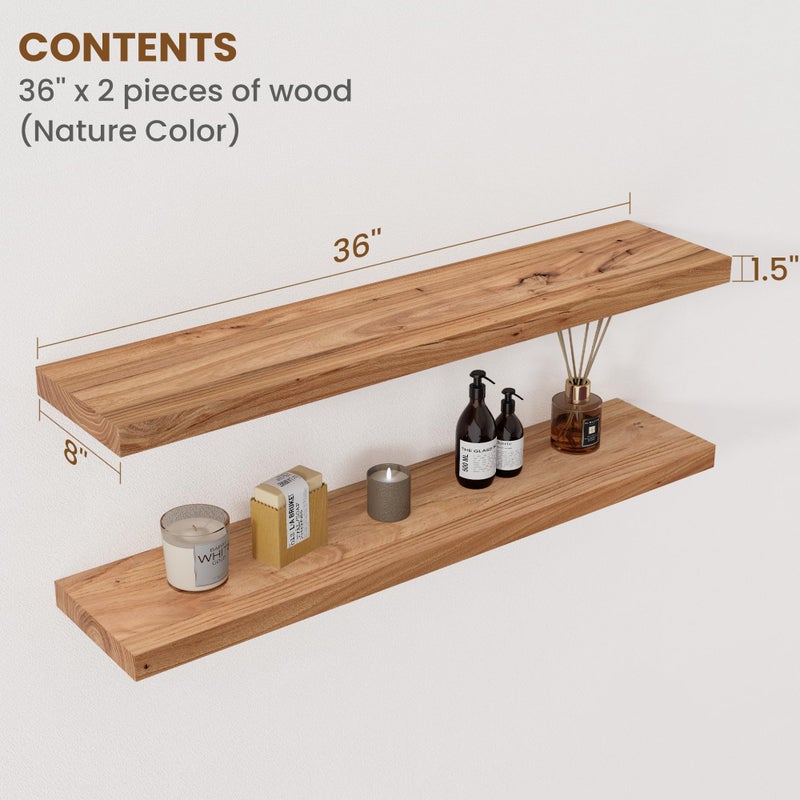 FLYJOE Floating Shelves for Wall Decor, 8" Deep Rustic Solid Elm Wood Floating Shelves Wall Mounted, Wall Shelves with Invisible Bracket for Living Room Bathroom Bedroom Kitchen, 36 Inch Set of 2, Natural - Image 2