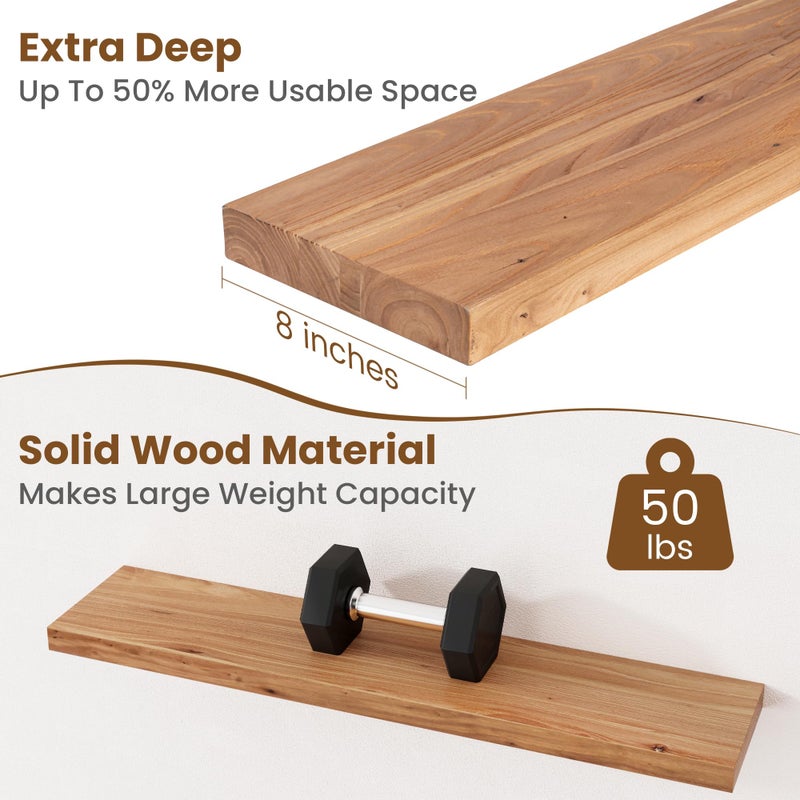 FLYJOE Floating Shelves for Wall Decor, 8" Deep Rustic Solid Elm Wood Floating Shelves Wall Mounted, Wall Shelves with Invisible Bracket for Living Room Bathroom Bedroom Kitchen, 36 Inch Set of 2, Natural - Image 5