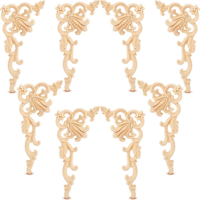 8 PIECES WOOD APPLIQUES ONLAYS DECORATIVE WOODEN APPLIQUE DIY WOOD APPLIQUES AND ONLAYS FOR FURNITURE UNPAINTED CARVED CORNER APPLIQUE FOR CABINET DOOR BED WARDROBE FURNITURE DECORATION