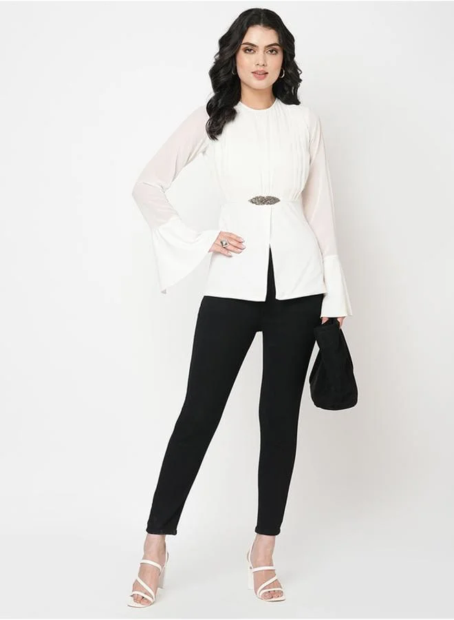 Mish White Regular Fit Top With Embroidered Brooch Detail