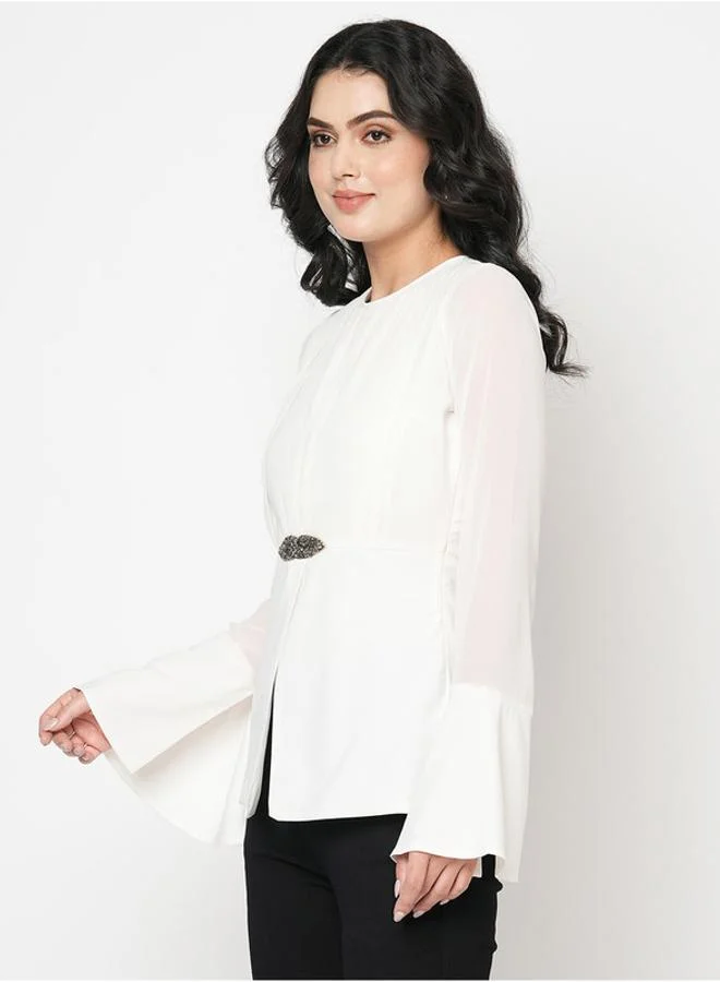 Mish White Regular Fit Top With Embroidered Brooch Detail