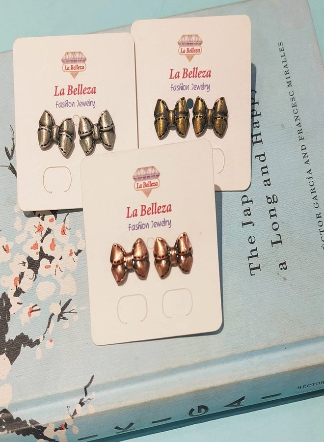 La Belleza Antique Oxidised Ribbow Bow Design Stud Earrings for Girls and Women Combo Pack of 3 in diffferent colors - Image 4