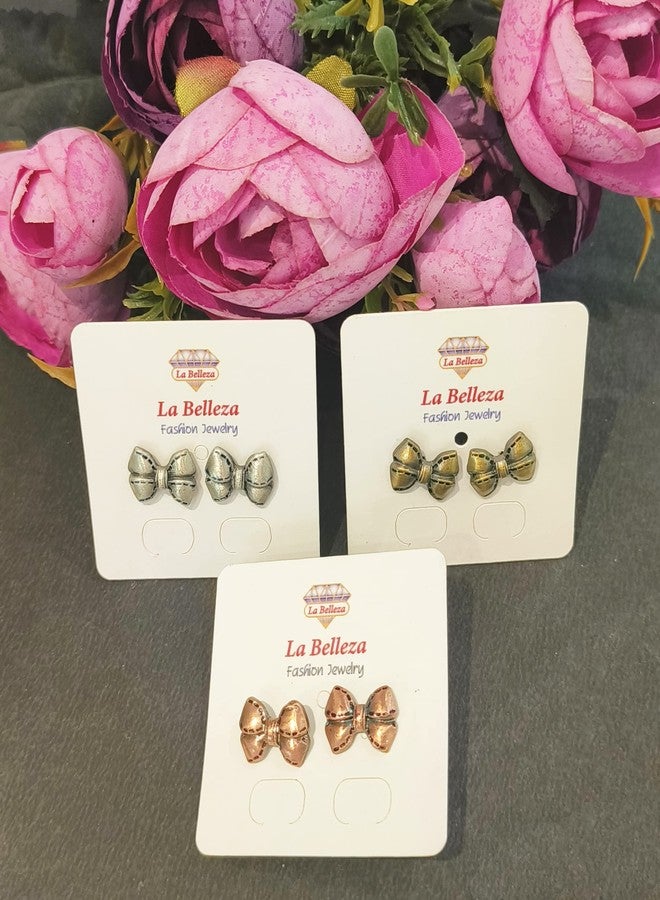 La Belleza Antique Oxidised Ribbow Bow Design Stud Earrings for Girls and Women Combo Pack of 3 in diffferent colors - Image 3