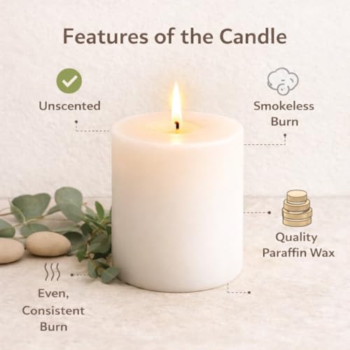Pure Source India Classic White Pillar Candle – Unscented, Smokeless & Dripless Long Burn Candle for Living Room, Spa, Meditation & Special Occasions-3X3inch(White) - Image 4