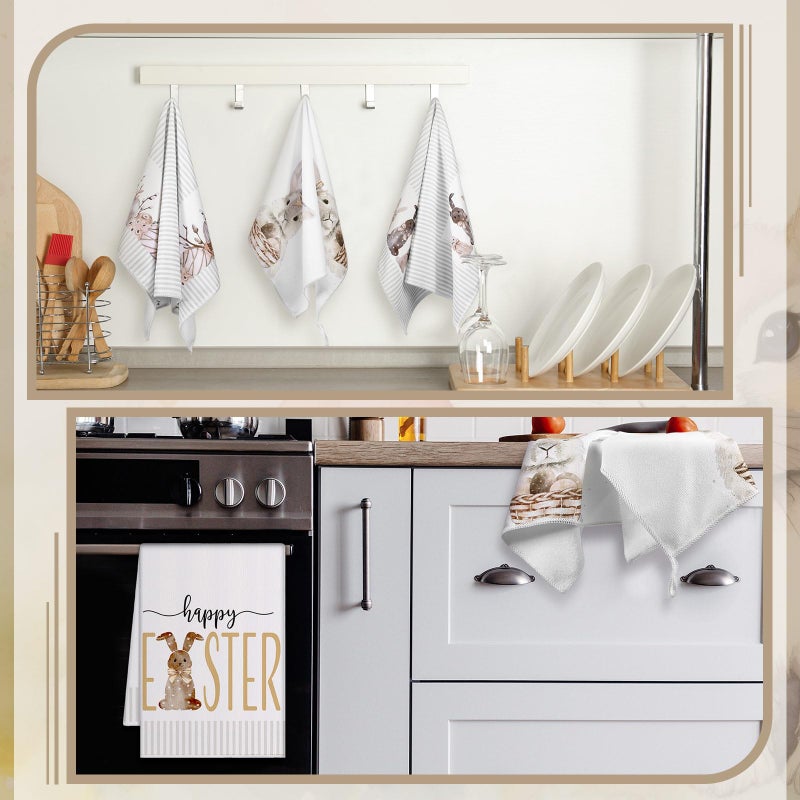 Tegeme 6 Pcs Easter Towels Bunny Tea Towel Stripe Buffalo Plaid Dish Towels Kitchen Hand Decor Polyester Towel Dish Cloths Absorbent for Bathroom Kitchen Supplies, 16 x 24 Inch(Brown White,Stripe) - Image 5