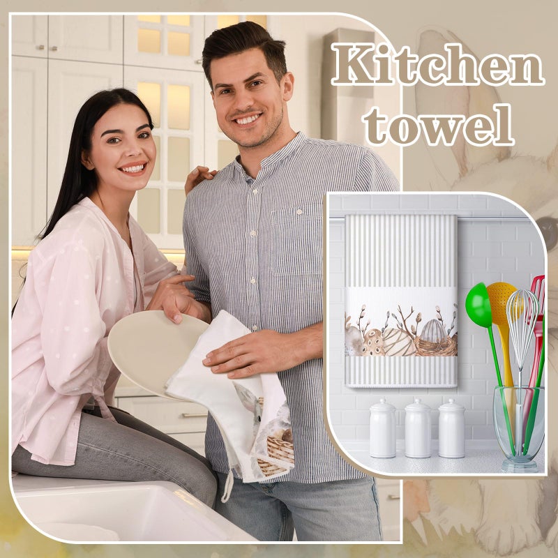 Tegeme 6 Pcs Easter Towels Bunny Tea Towel Stripe Buffalo Plaid Dish Towels Kitchen Hand Decor Polyester Towel Dish Cloths Absorbent for Bathroom Kitchen Supplies, 16 x 24 Inch(Brown White,Stripe) - Image 4