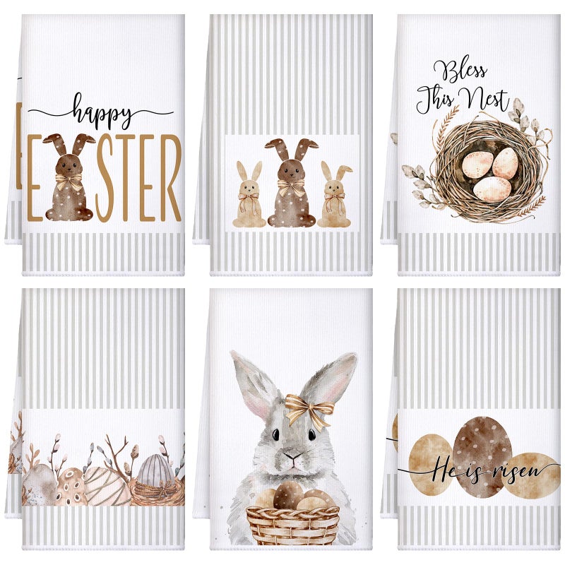 Tegeme 6 Pcs Easter Towels Bunny Tea Towel Stripe Buffalo Plaid Dish Towels Kitchen Hand Decor Polyester Towel Dish Cloths Absorbent for Bathroom Kitchen Supplies, 16 x 24 Inch(Brown White,Stripe) - Image 1