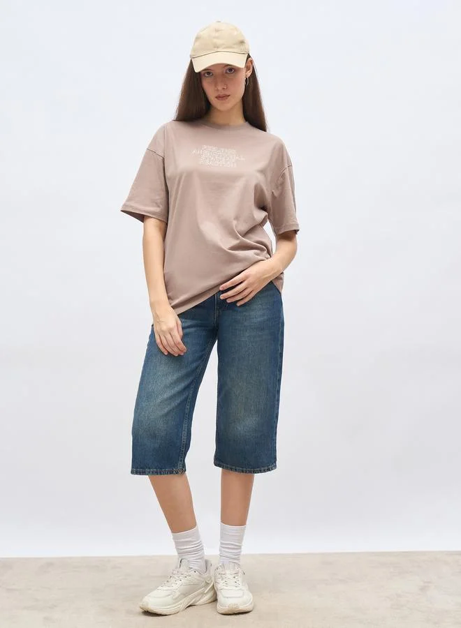 ستايلي Styli Beige Slogan Print Oversized T-Shirt