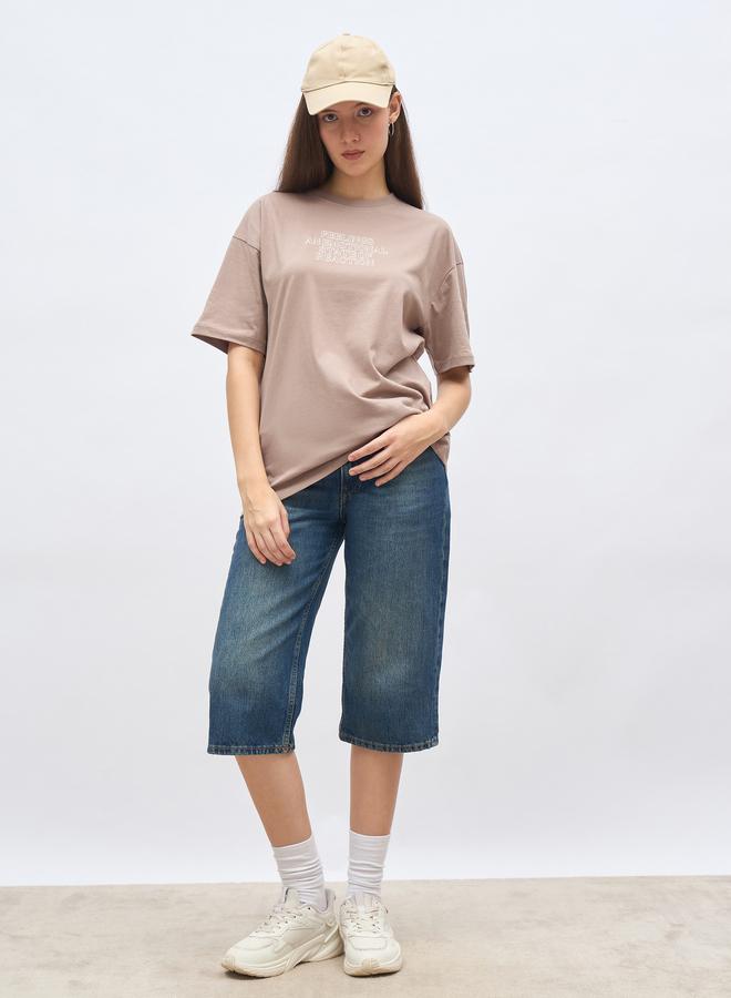 Styli Beige Slogan Print Oversized T-Shirt - Image 1